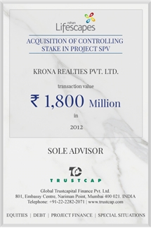Acquisition of controlling stake in Project SPV of M&A and Transaction Advisory Services for Krona Realties Pvt. Ltd.
