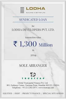 Syndicated Loan of Project & Structured Finance for Lodha Developers Pvt. Ltd.