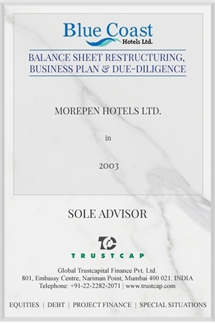 Balance Sheet Restructuring, Business Plan & Due-diligence of M&A and Transaction Advisory Services for Morepen Hotels Ltd.